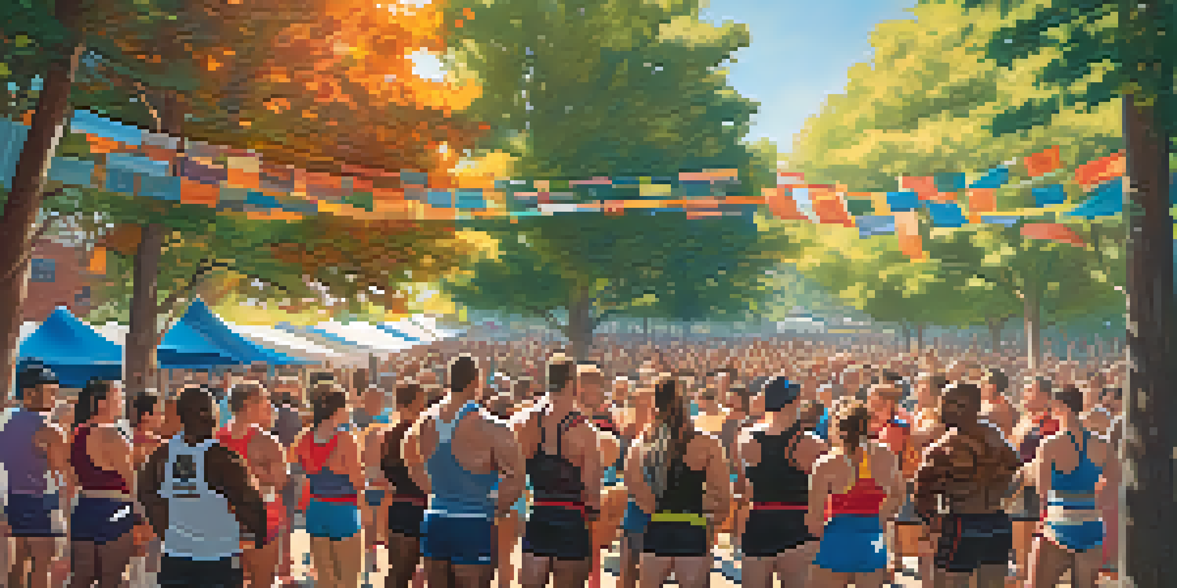 A lively outdoor gathering of diverse powerlifters, cheering each other on under sunlight, with colorful banners in the background.