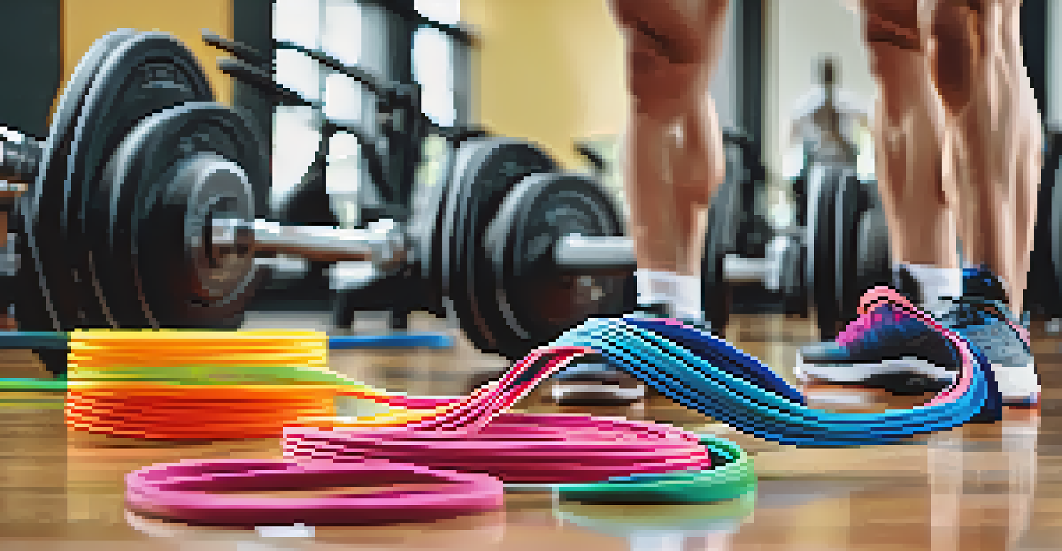 A close-up view of colorful resistance bands on the gym floor, with weightlifting shoes in the foreground.
