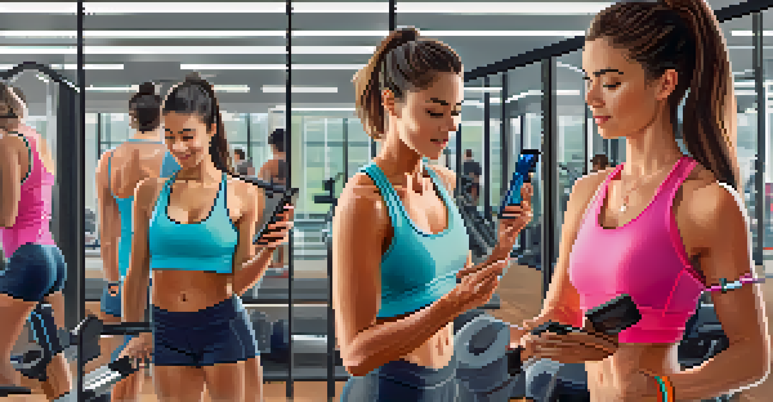 A person checking a fitness tracker app on their smartphone in a modern gym setting.