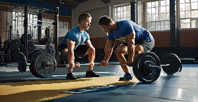 A powerlifting coach demonstrating proper deadlift technique to a mentee in a gym, with weights and equipment in the background.