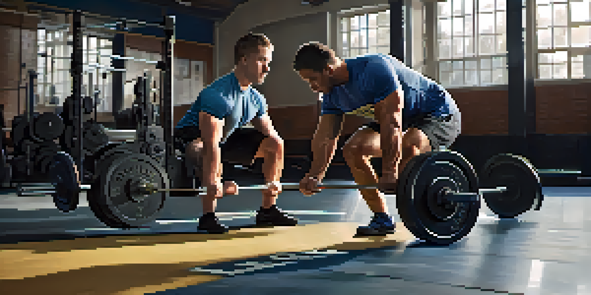 A powerlifting coach demonstrating proper deadlift technique to a mentee in a gym, with weights and equipment in the background.