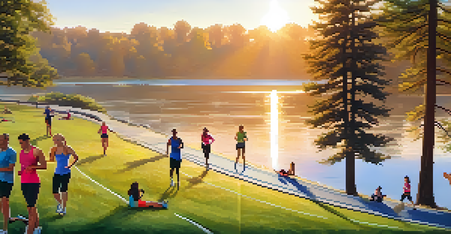 A scenic outdoor fitness scene at sunrise, featuring athletes jogging and doing strength exercises against a beautiful natural backdrop.