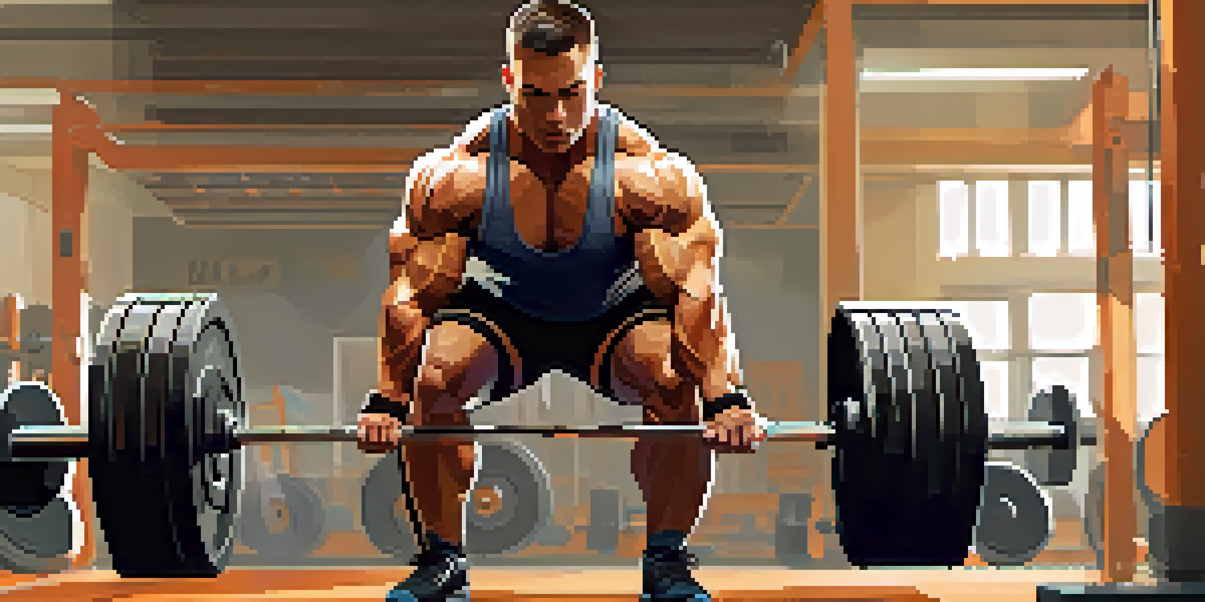 A powerlifter preparing to lift weights in a well-lit gym, showing determination.