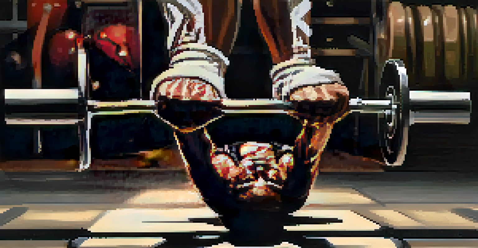 Close-up of a powerlifter's hands gripping a barbell, highlighting calloused palms and chalk dust in a gym setting.