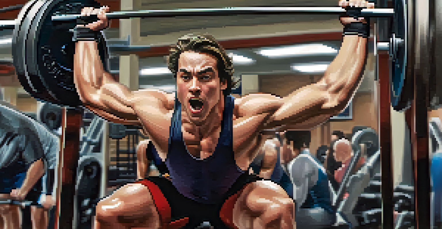 A young man lifting a barbell in a gym, demonstrating intense focus, with a blurred background of gym equipment.