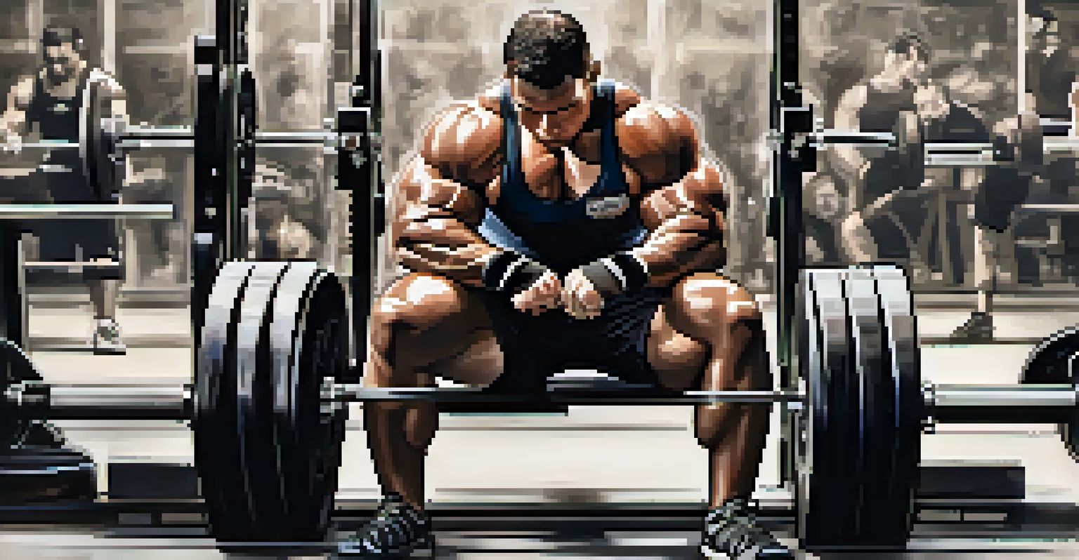 A powerlifting athlete in a competition venue, sitting on a bench, preparing for a lift with chalked hands and a focused expression.