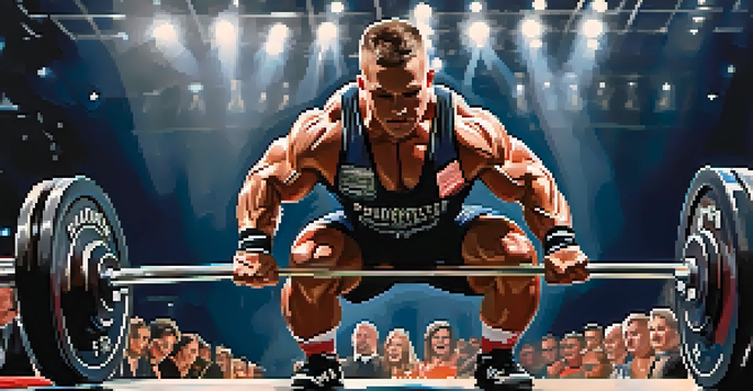 A powerlifter concentrating intensely on stage, preparing to lift a heavy barbell, surrounded by cheering spectators and bright lights.