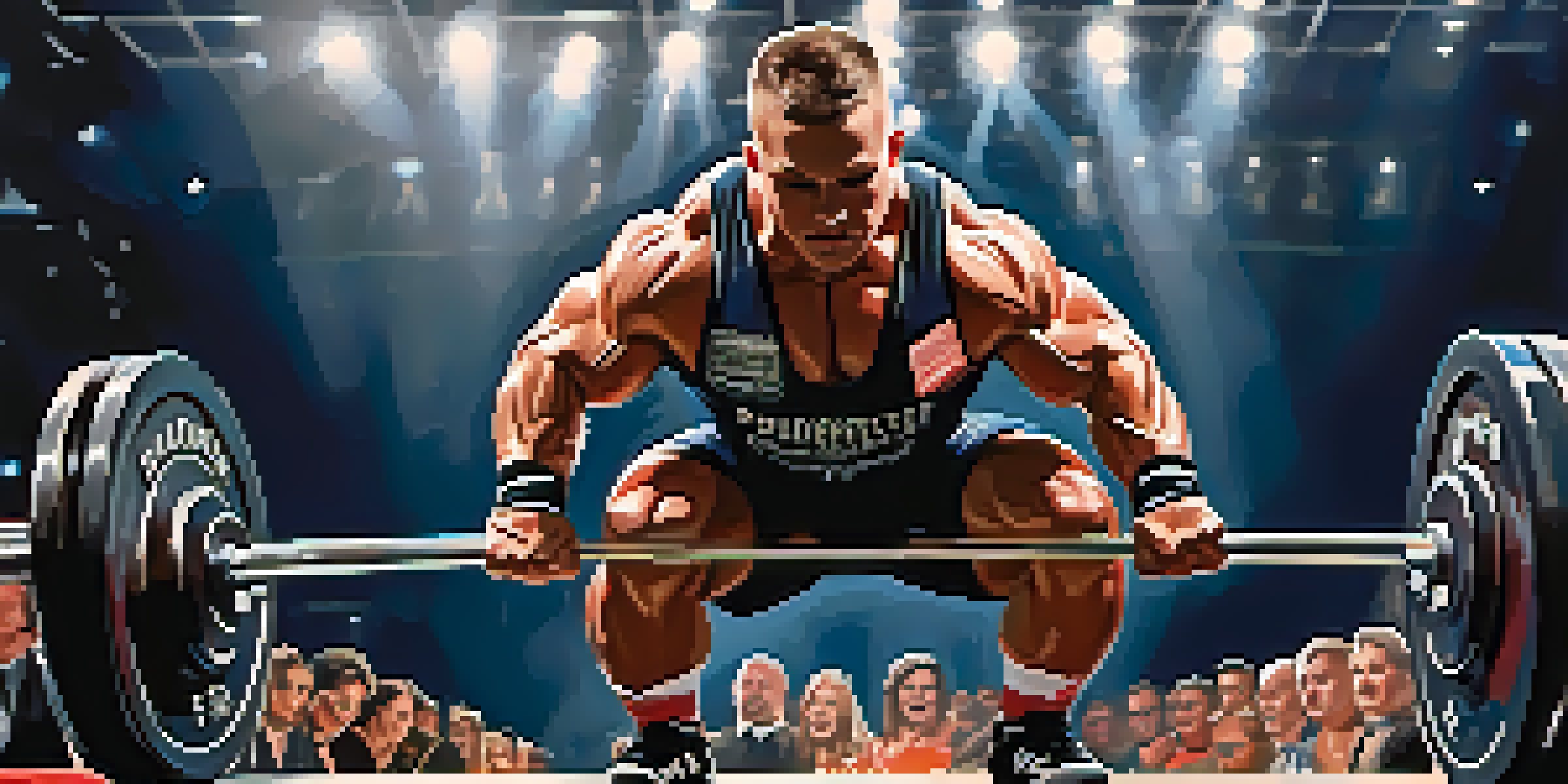 A powerlifter concentrating intensely on stage, preparing to lift a heavy barbell, surrounded by cheering spectators and bright lights.
