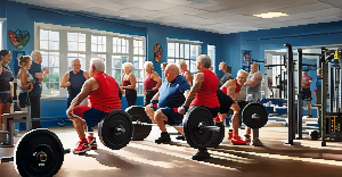 A group of older adults lifting weights in a bright gym, showcasing camaraderie and motivation.