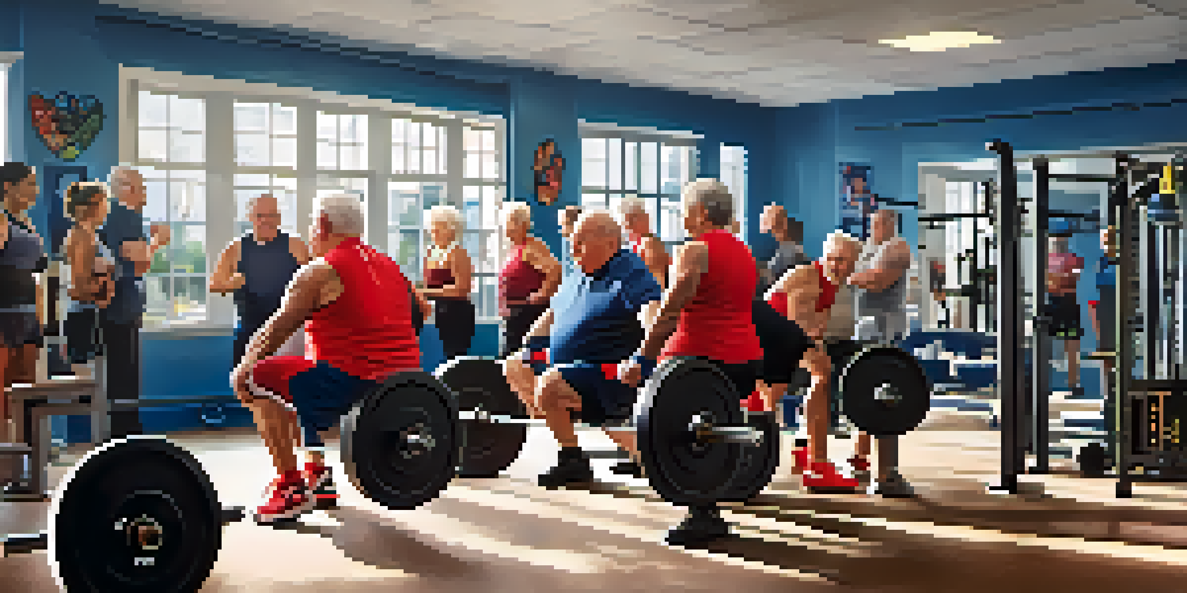 A group of older adults lifting weights in a bright gym, showcasing camaraderie and motivation.