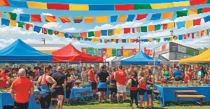 An outdoor powerlifting charity event with athletes lifting weights, colorful banners, cheering spectators, and food trucks in the background.