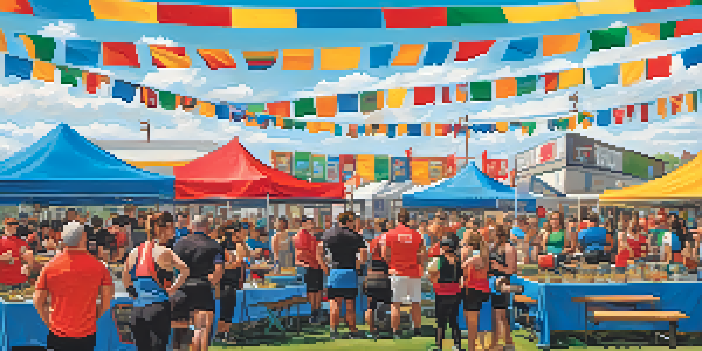 An outdoor powerlifting charity event with athletes lifting weights, colorful banners, cheering spectators, and food trucks in the background.