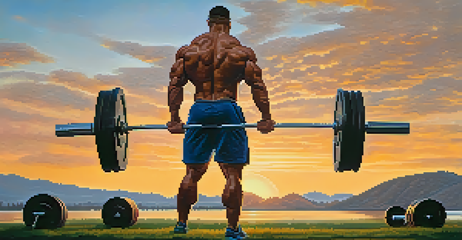 A powerlifter performing a deadlift outdoors at sunset, showcasing strength against a scenic backdrop.