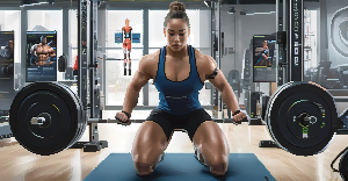 A powerlifter in a gym, using biofeedback equipment, focused on a digital display showing muscle tension and heart rate.