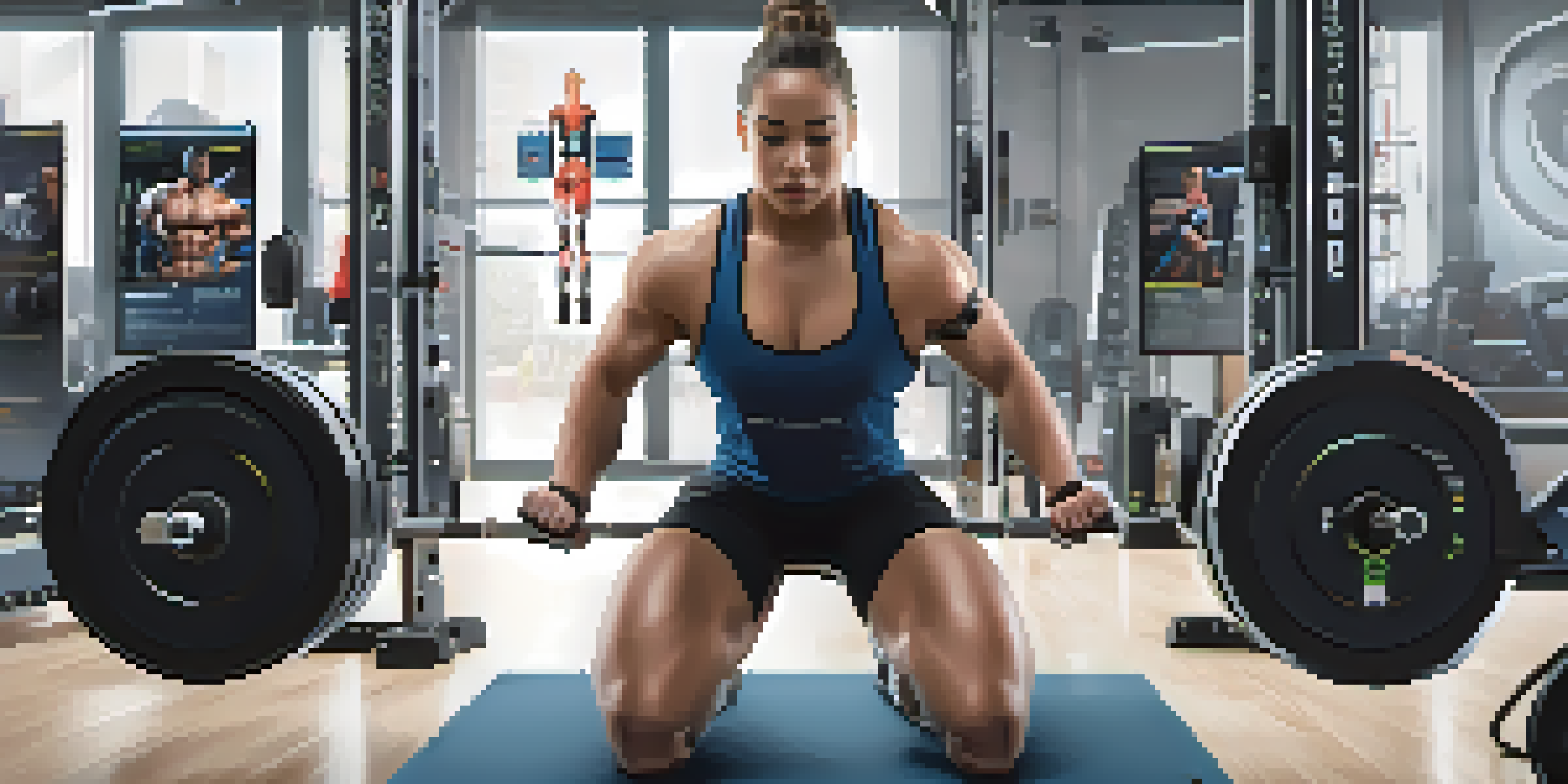 A powerlifter in a gym, using biofeedback equipment, focused on a digital display showing muscle tension and heart rate.