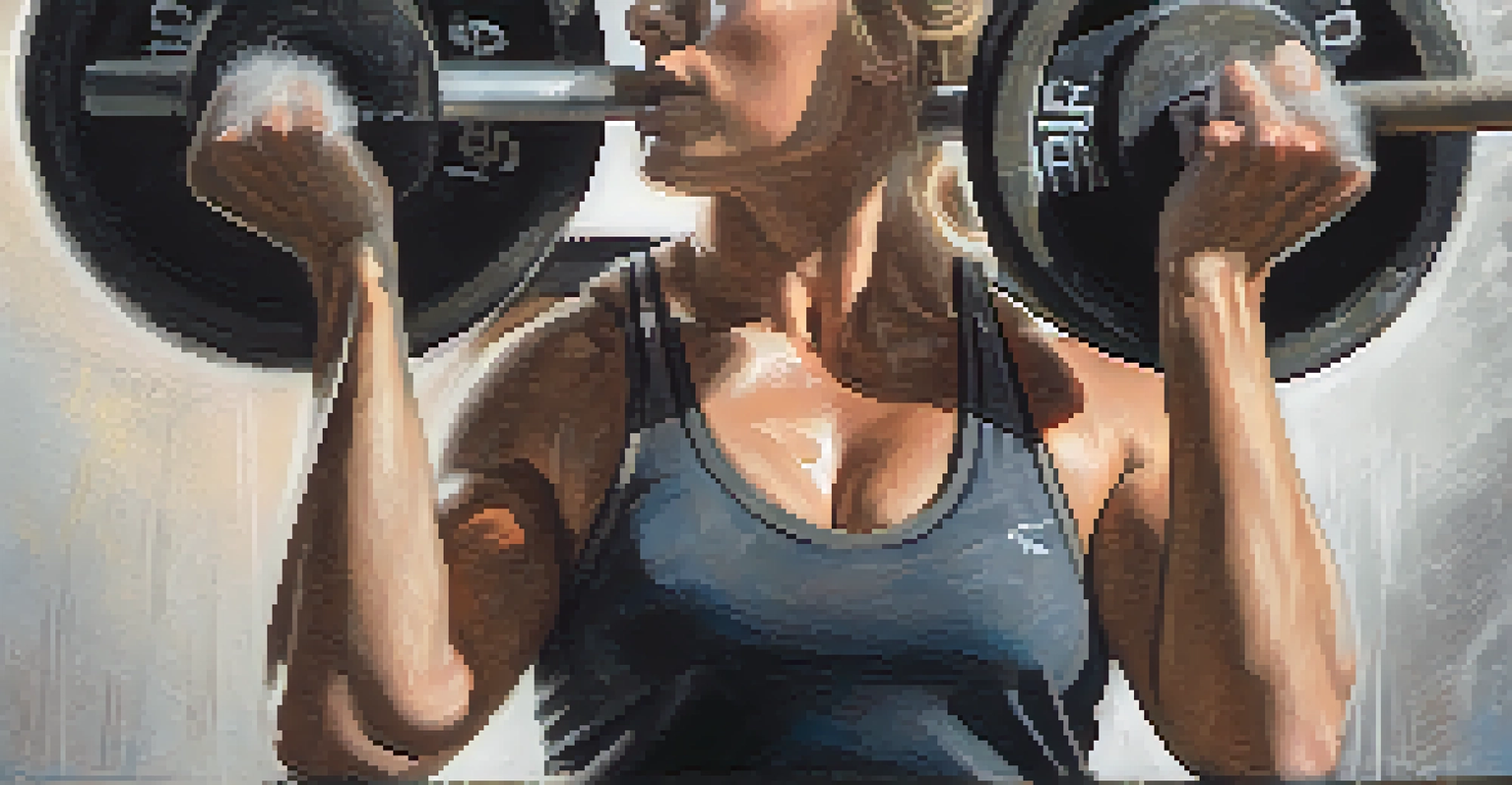 Close-up of a female powerlifter's hands gripping a barbell, with chalk dust in the air and a blurred background.