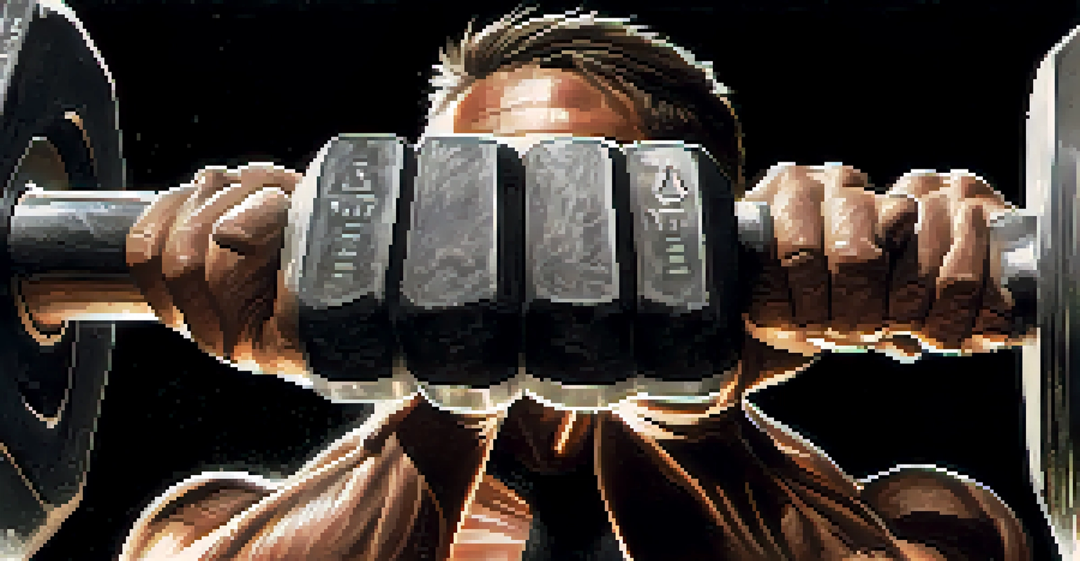 Close-up of a powerlifter's hands gripping a barbell, showcasing muscular forearms and chalk dust.