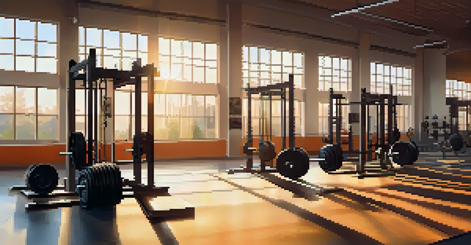 A powerlifting gym at sunrise, with sunlight streaming in, and a lifter preparing for a lift in a calm atmosphere.