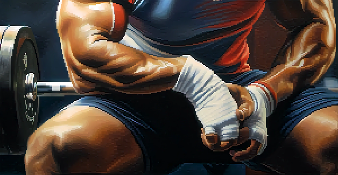 A powerlifter preparing to lift weights, focusing on their knee sleeves. The image highlights the texture of the sleeves and the lifter's intense expression.