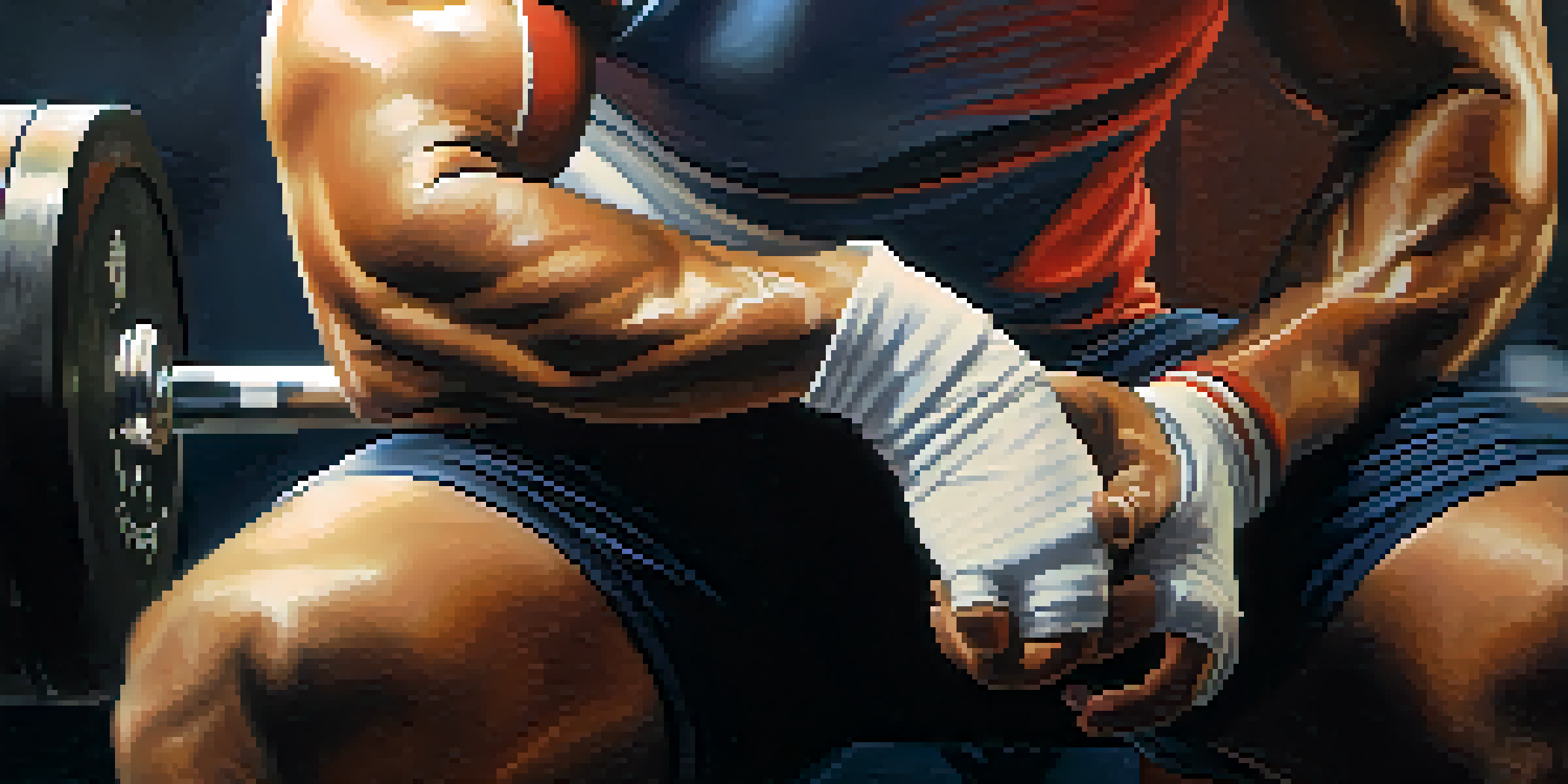 A powerlifter preparing to lift weights, focusing on their knee sleeves. The image highlights the texture of the sleeves and the lifter's intense expression.