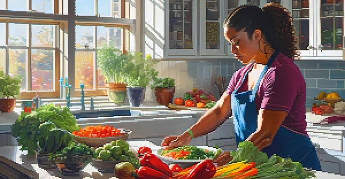 A pregnant powerlifter woman chopping vegetables in a sunny kitchen, surrounded by healthy meal ingredients.