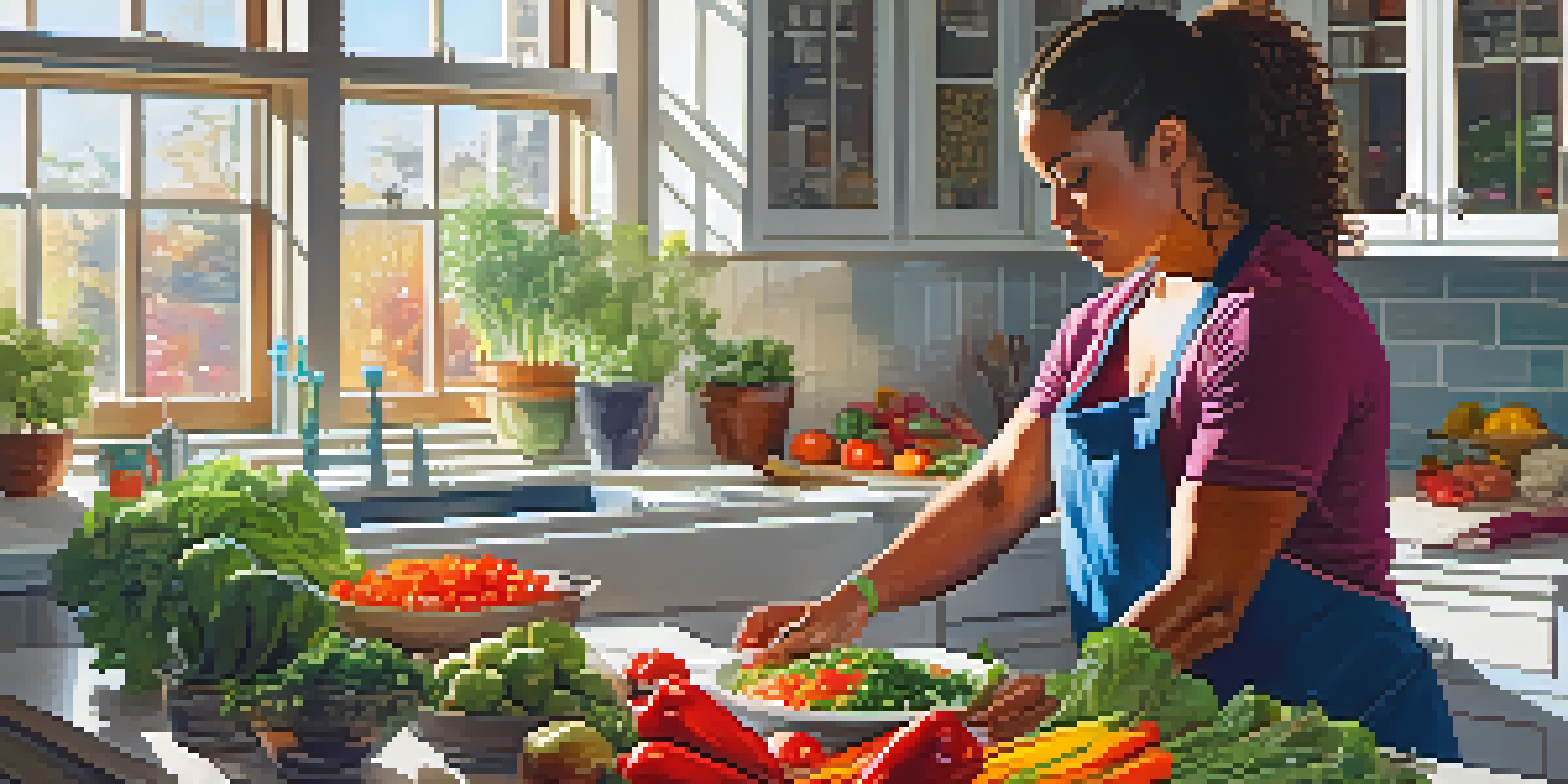 A pregnant powerlifter woman chopping vegetables in a sunny kitchen, surrounded by healthy meal ingredients.