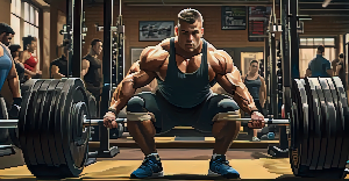A powerlifter performing a squat in a gym, with weights and motivational posters surrounding them.