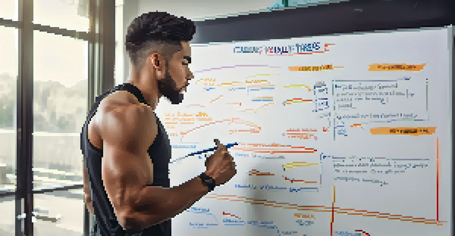 An athlete writing goals on a whiteboard in a bright training room, with progress charts and motivational quotes around.