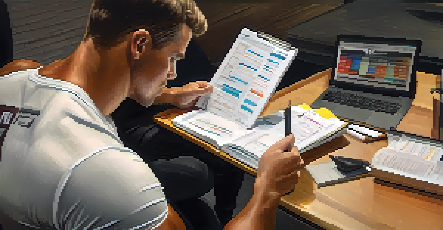 A coach and athlete discuss a personalized training plan at a table filled with notebooks and nutrition guides.