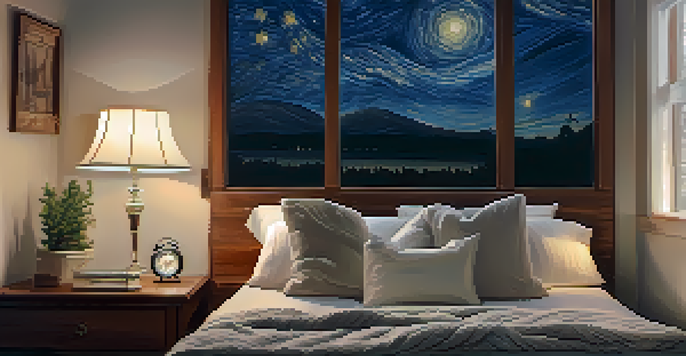 A cozy bedroom with a neatly made bed, soft pillows, and a dimly lit bedside lamp. A window shows a starry night sky.