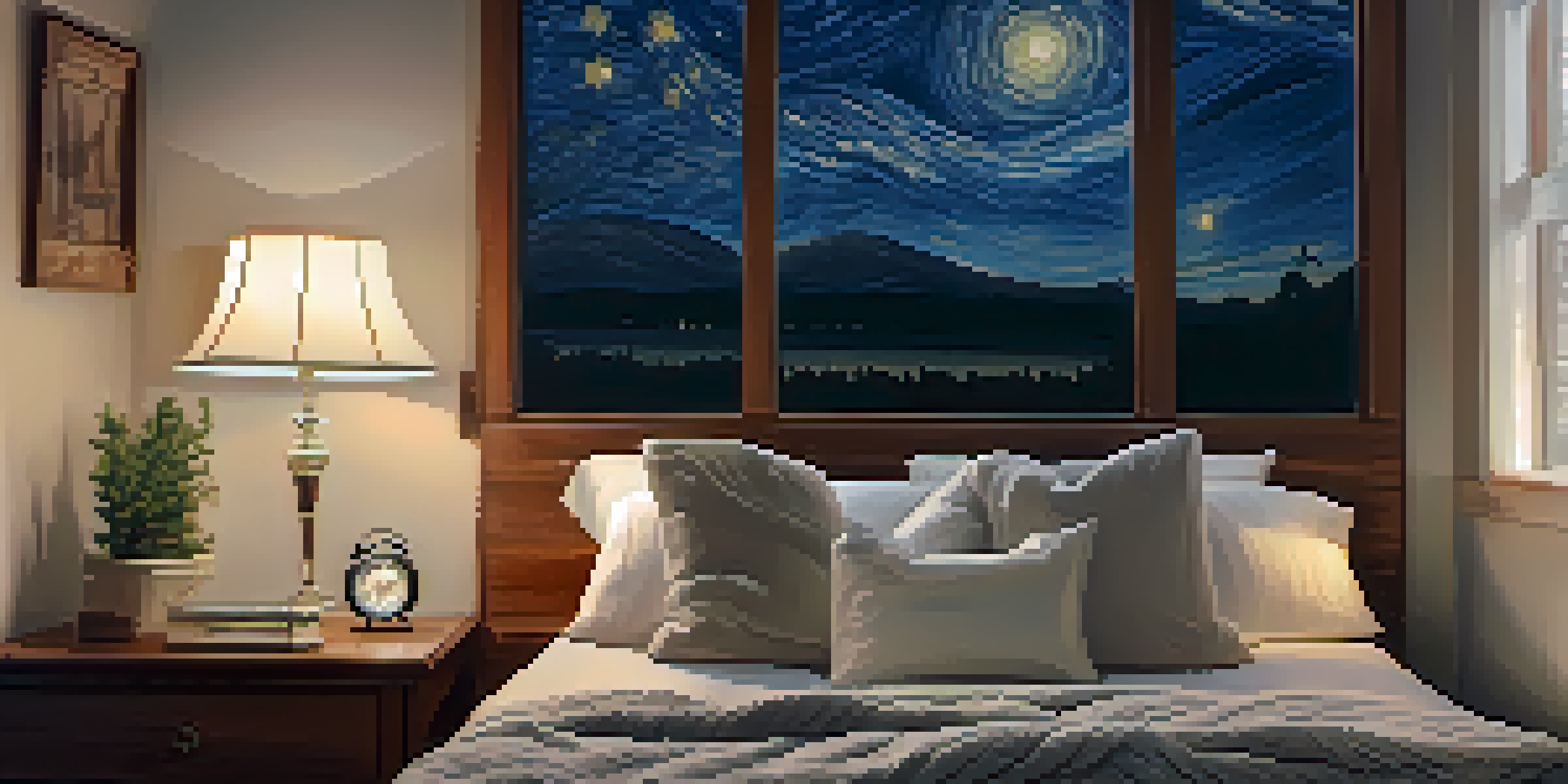 A cozy bedroom with a neatly made bed, soft pillows, and a dimly lit bedside lamp. A window shows a starry night sky.