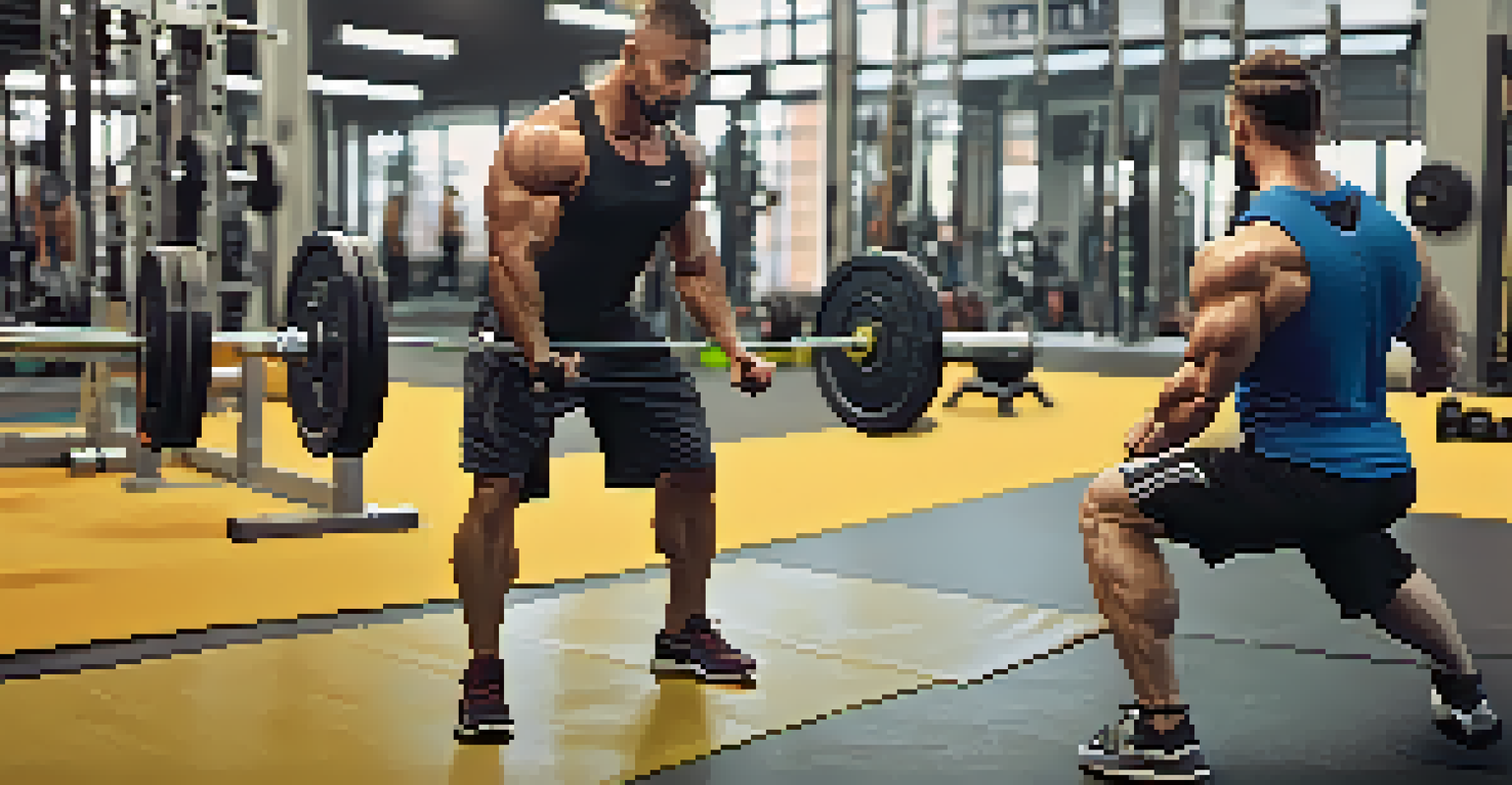 A trainer assisting a client with proper deadlift technique in a gym environment, highlighting the importance of coaching and feedback.