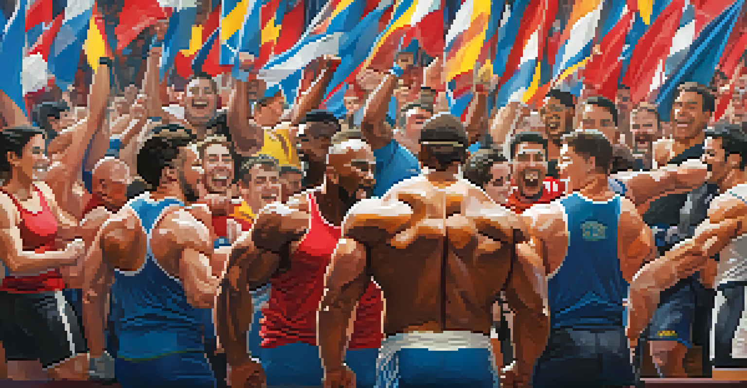 A diverse group of powerlifters celebrating after a lift, high-fiving each other in a colorful competition venue filled with banners.