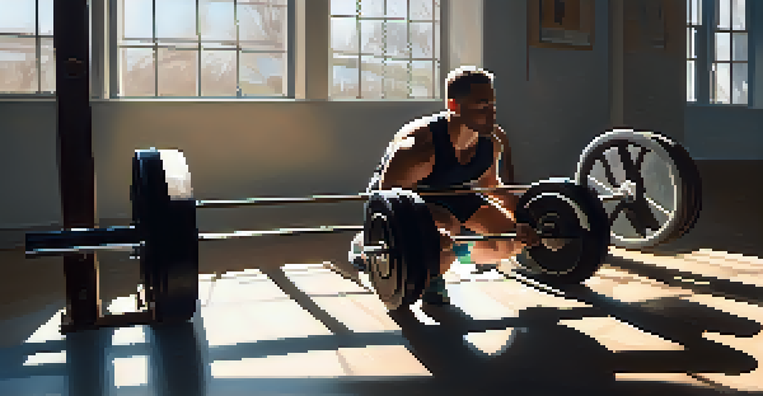 A powerlifter practicing mindfulness in a serene gym environment, sitting with weights nearby, eyes closed.