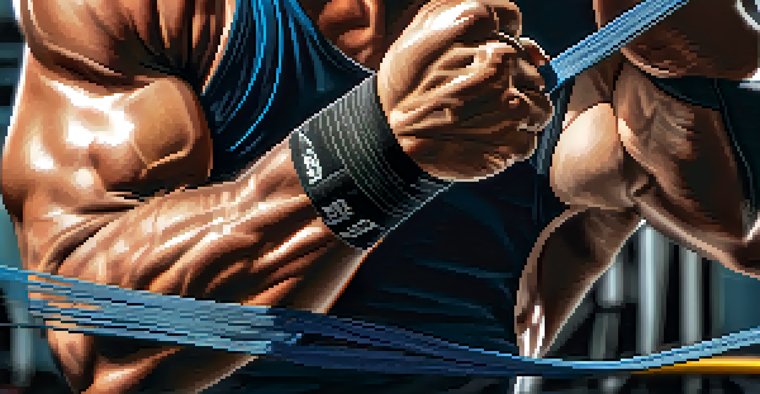 Close-up of a powerlifter's hands using a resistance band for stretching, with a blurred background focusing on the determination in their expression.