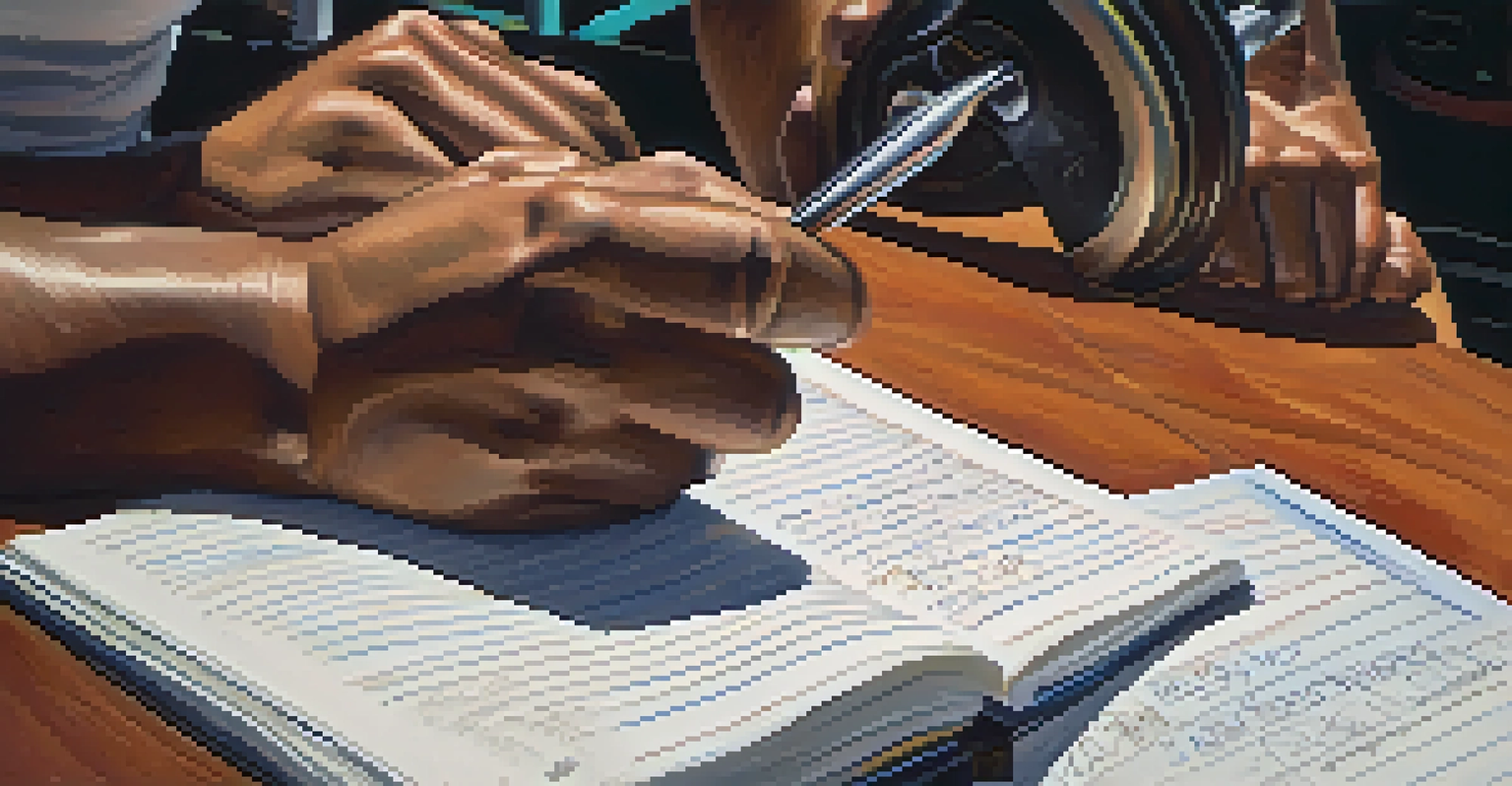 Close-up of a powerlifting athlete's hands writing positive affirmations in a journal, with a gym setting in the background.