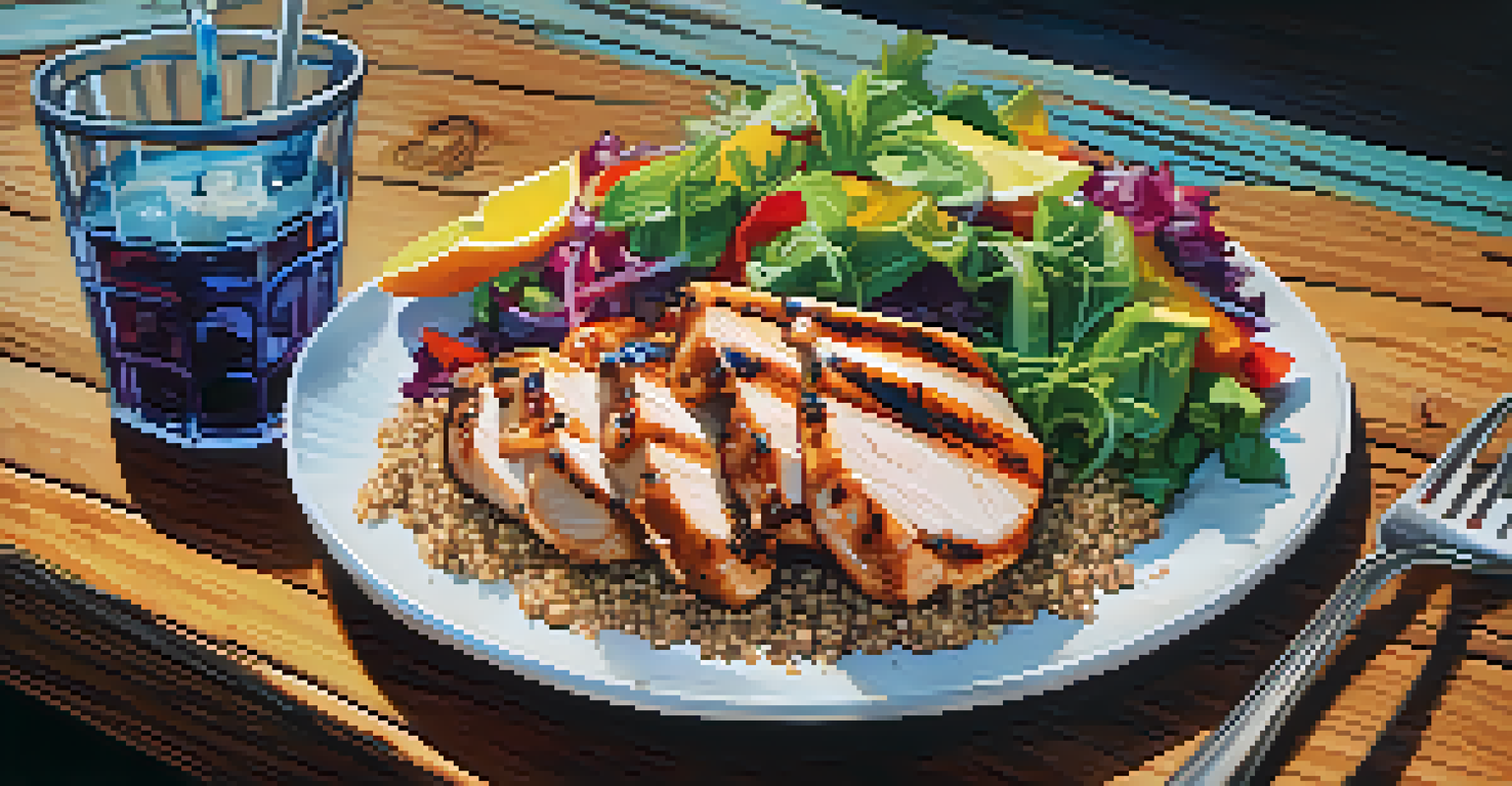 A close-up of a plate with grilled chicken, quinoa, and salad, with a glass of water nearby.