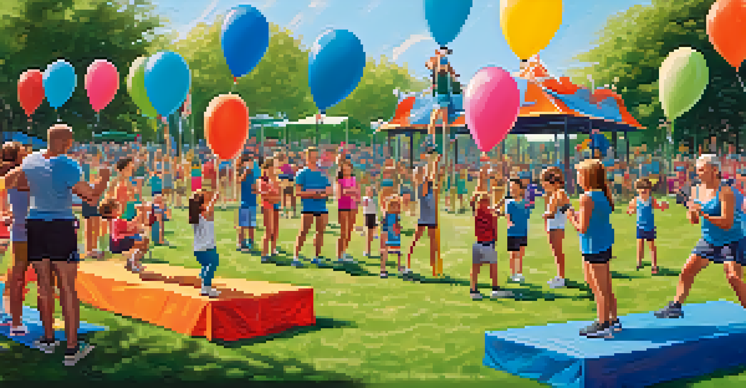 A family participating in a mini powerlifting competition outdoors in a park, with vibrant decorations and a supportive atmosphere.