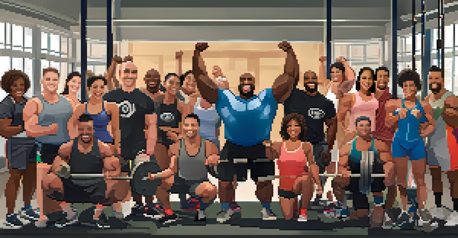 A group of diverse powerlifters celebrating in a gym, smiling and high-fiving each other with weights in the background.