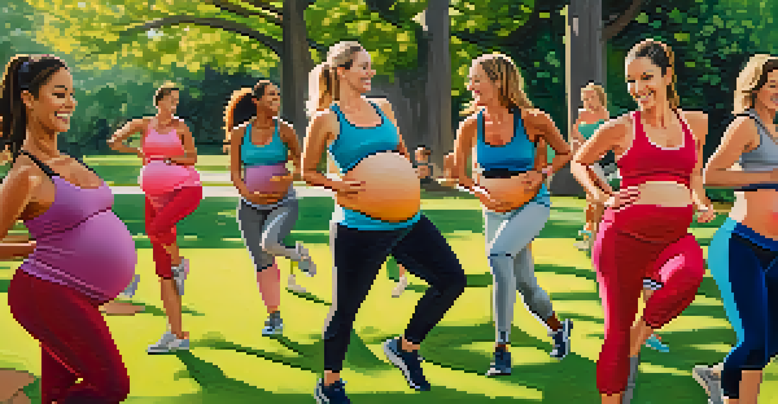 A group of pregnant women engaging in a fitness class outdoors, surrounded by nature and showing enthusiasm.