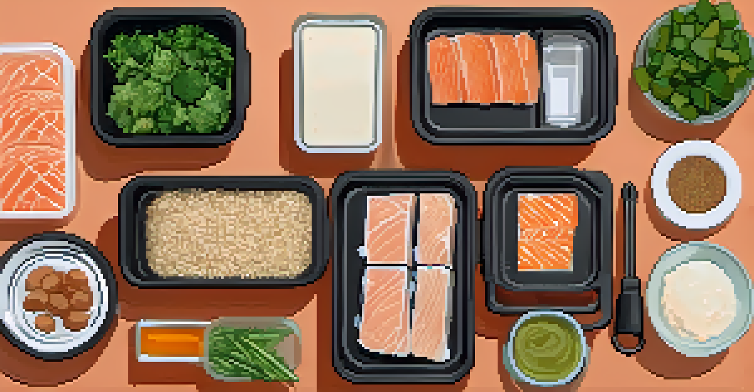 An overhead view of organized meal prep containers for a powerlifter, featuring proteins, carbohydrates, and healthy fats.