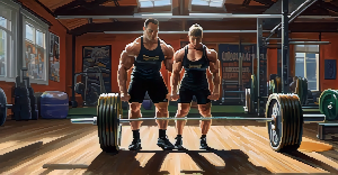 A muscular powerlifter performing a deadlift in a bright gym, surrounded by weights and motivational posters.