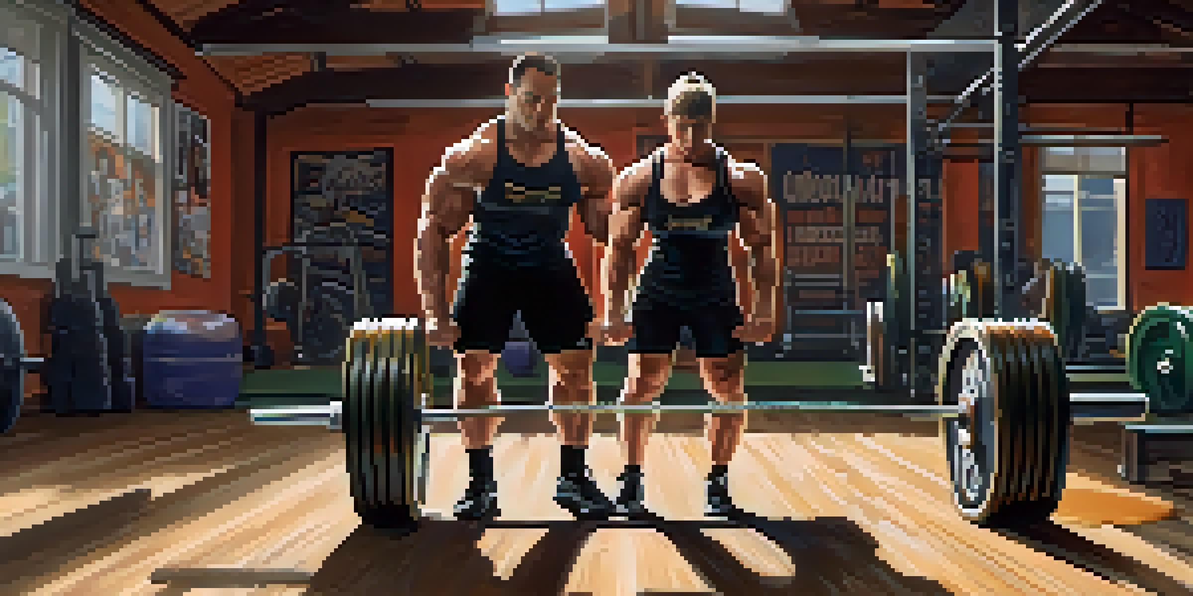 A muscular powerlifter performing a deadlift in a bright gym, surrounded by weights and motivational posters.