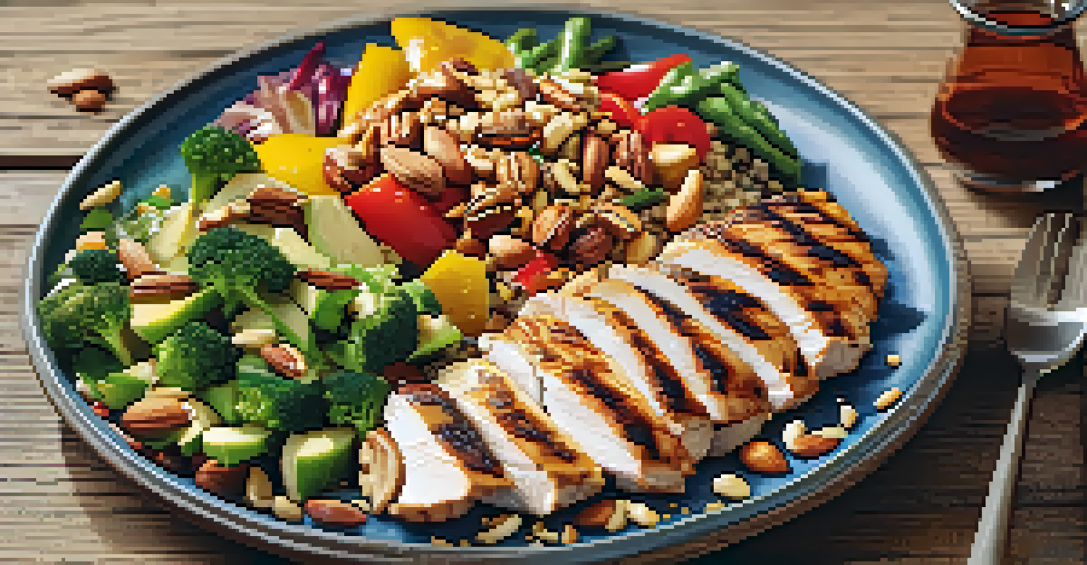 A beautifully arranged plate of healthy foods, including chicken, vegetables, and quinoa.