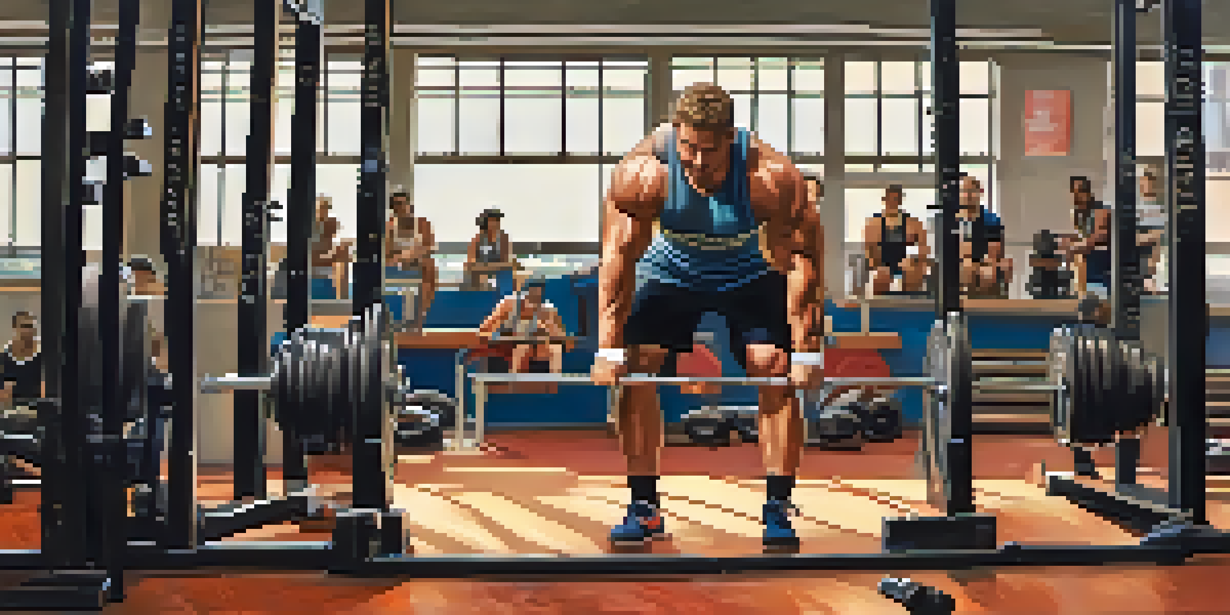 Two powerlifters in a gym, one lifting a barbell while the other cheers for support, showcasing teamwork and motivation.