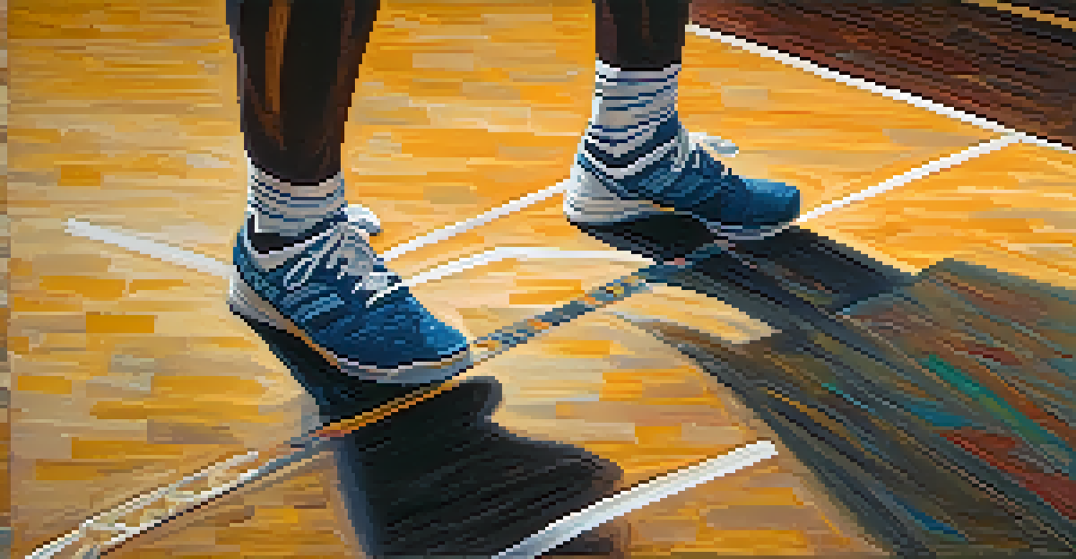 Close-up of a powerlifter's feet performing an ankle stretch with a band, revealing the gym floor's texture.