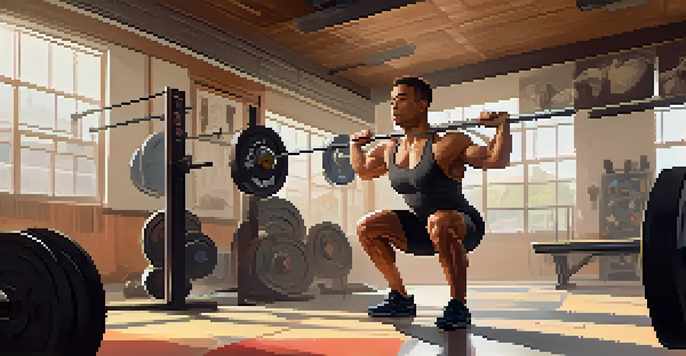A weightlifter in a bright and tidy gym, performing a squat with determination. Natural light shines in, and motivational quotes decorate the walls, creating a focused atmosphere.