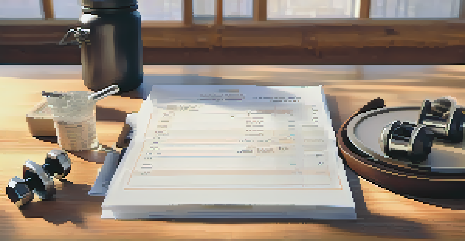 A training log and pen on a wooden table, with blurred weights and a protein shake bottle in the background, in a warm, inviting light.