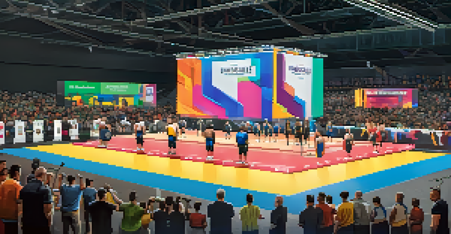 A contemporary powerlifting competition featuring diverse athletes in a vibrant arena, showcasing determination and energy.