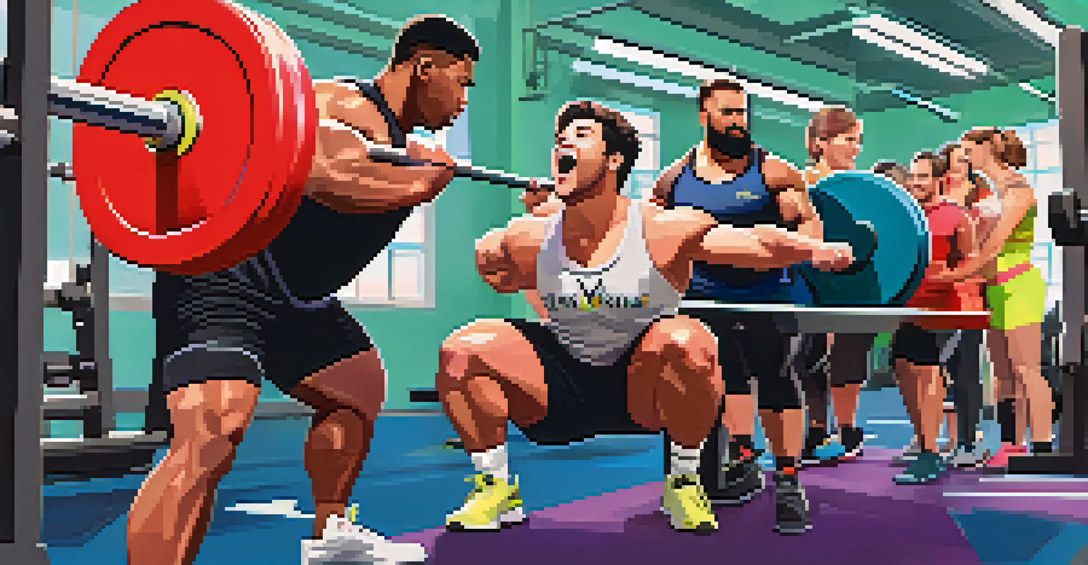 A diverse group of powerlifters encouraging each other in a brightly lit gym, displaying various expressions of support and determination.